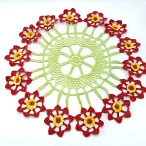 Vintage Crochet Flower Doily Handmade Tatted Red Green Spring Columbine Easter